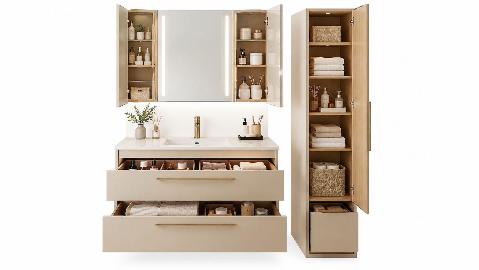 A modern minimalist bathroom vanity set with a mirror cabinet, under-sink storage drawers, and a tall linen closet.
