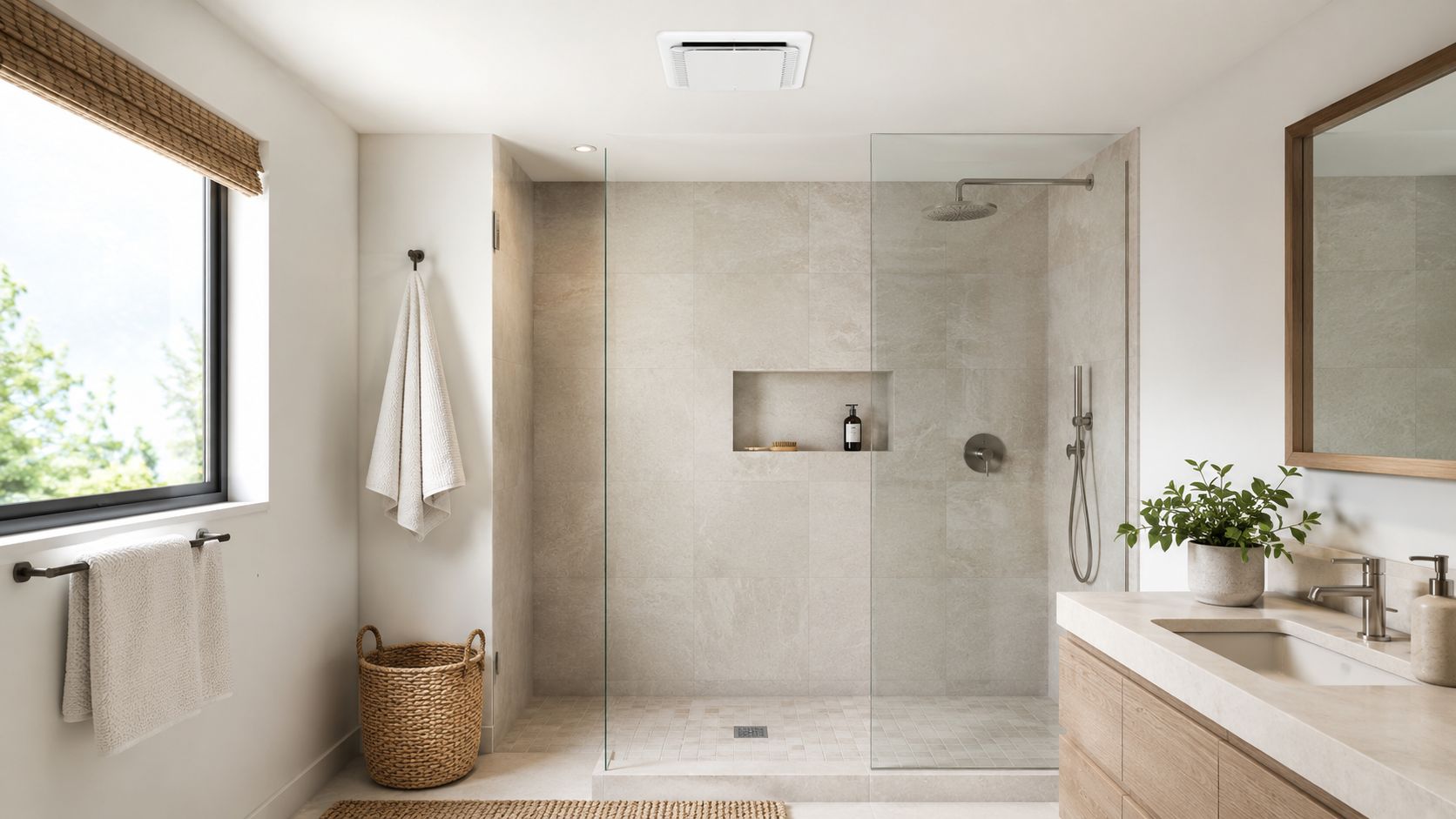 A bright, modern bathroom featuring a walk-in shower with stone tile, a wooden vanity, and natural accents.