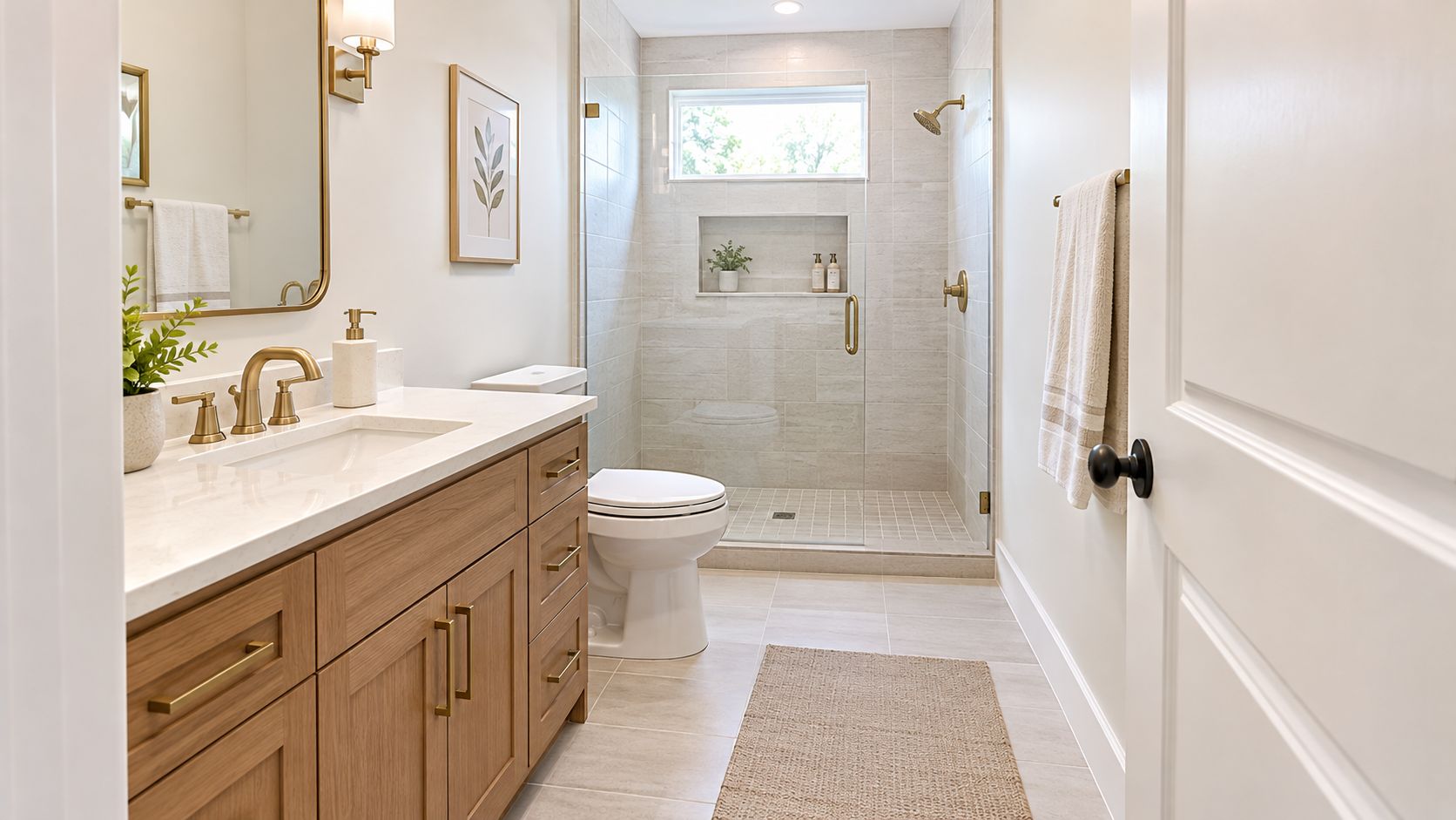 A modern bathroom with light wood vanity, white stone countertop, walk-in glass shower, and elegant gold fixtures.