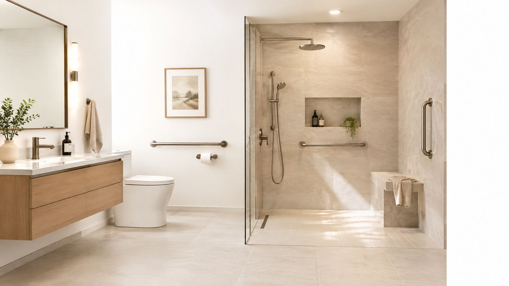 A modern accessible bathroom featuring a walk-in shower with grab bars and a floating wooden vanity unit.