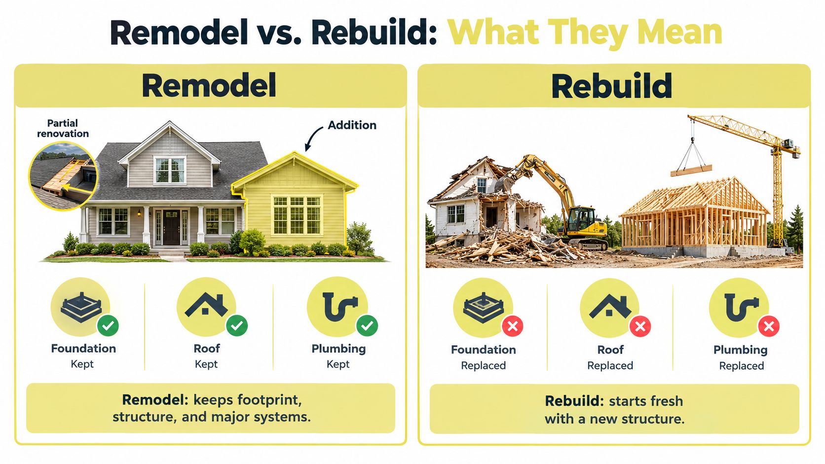 A comparison infographic showing the key differences between a house remodel and a complete property rebuild.