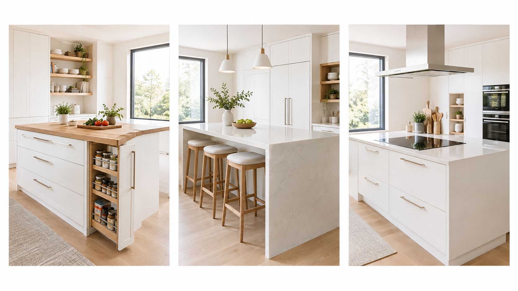 A modern kitchen design featuring white cabinets, a wooden island countertop, and a marble breakfast bar.