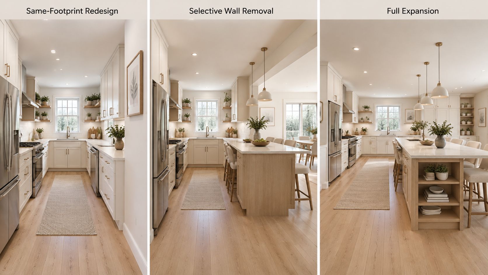 A comparison image showcasing three different kitchen remodeling layouts: same-footprint, selective wall removal, and full expansion.