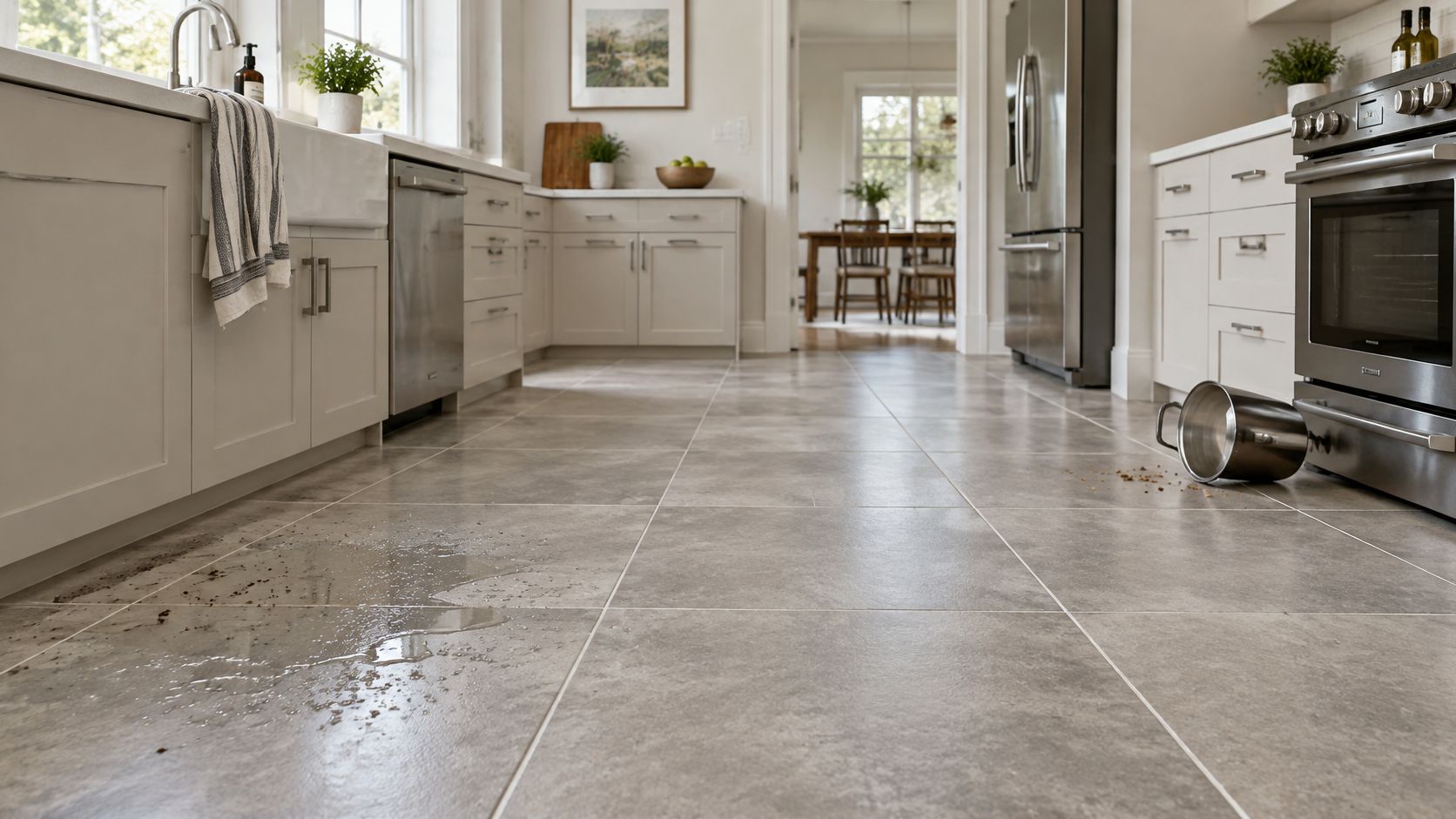 A tiled kitchen floor showing a puddle of spilled water and a tipped metal cooking pot.