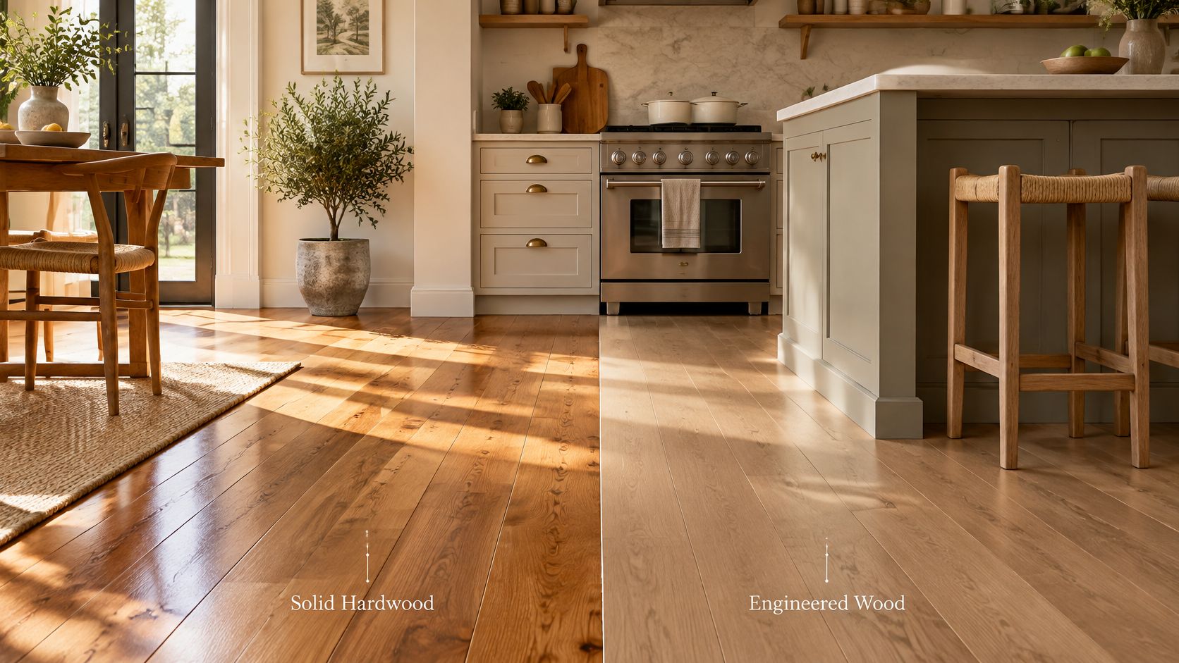 A split-view comparison showing a kitchen with solid hardwood flooring on the left and engineered wood flooring.