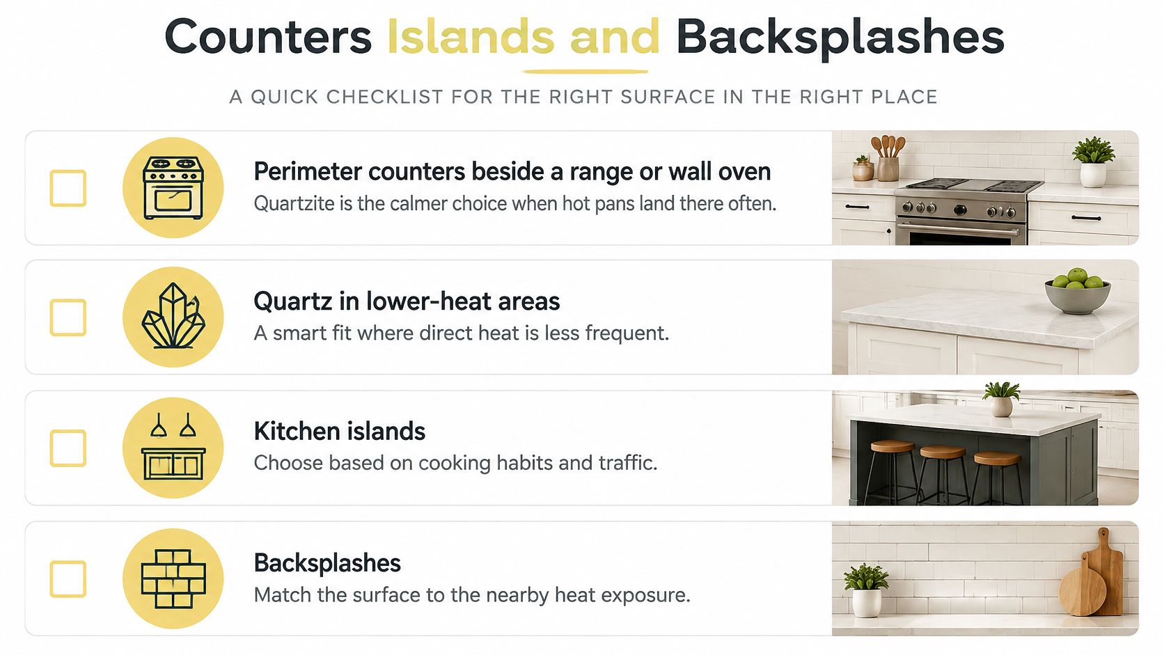 A checklist chart comparing the best locations for using quartz and quartzite materials in kitchen design.