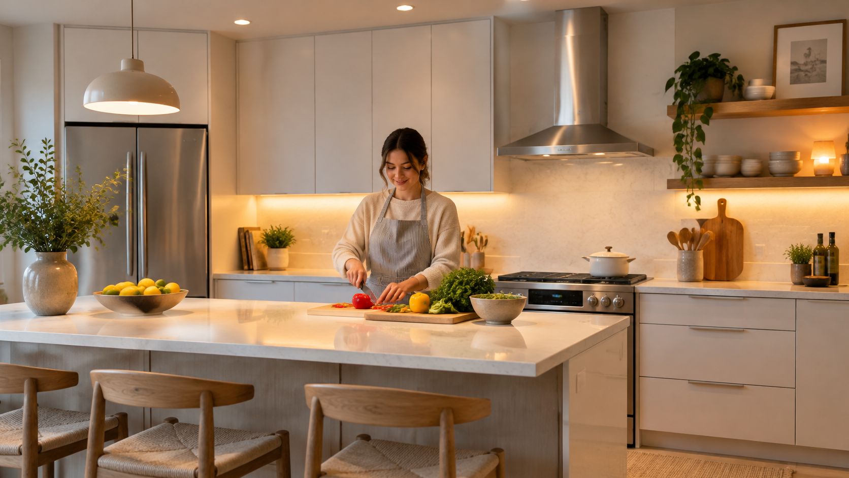 A smiling woman prepares fresh vegetables on a marble kitchen island in a modern, well-lit home kitchen.