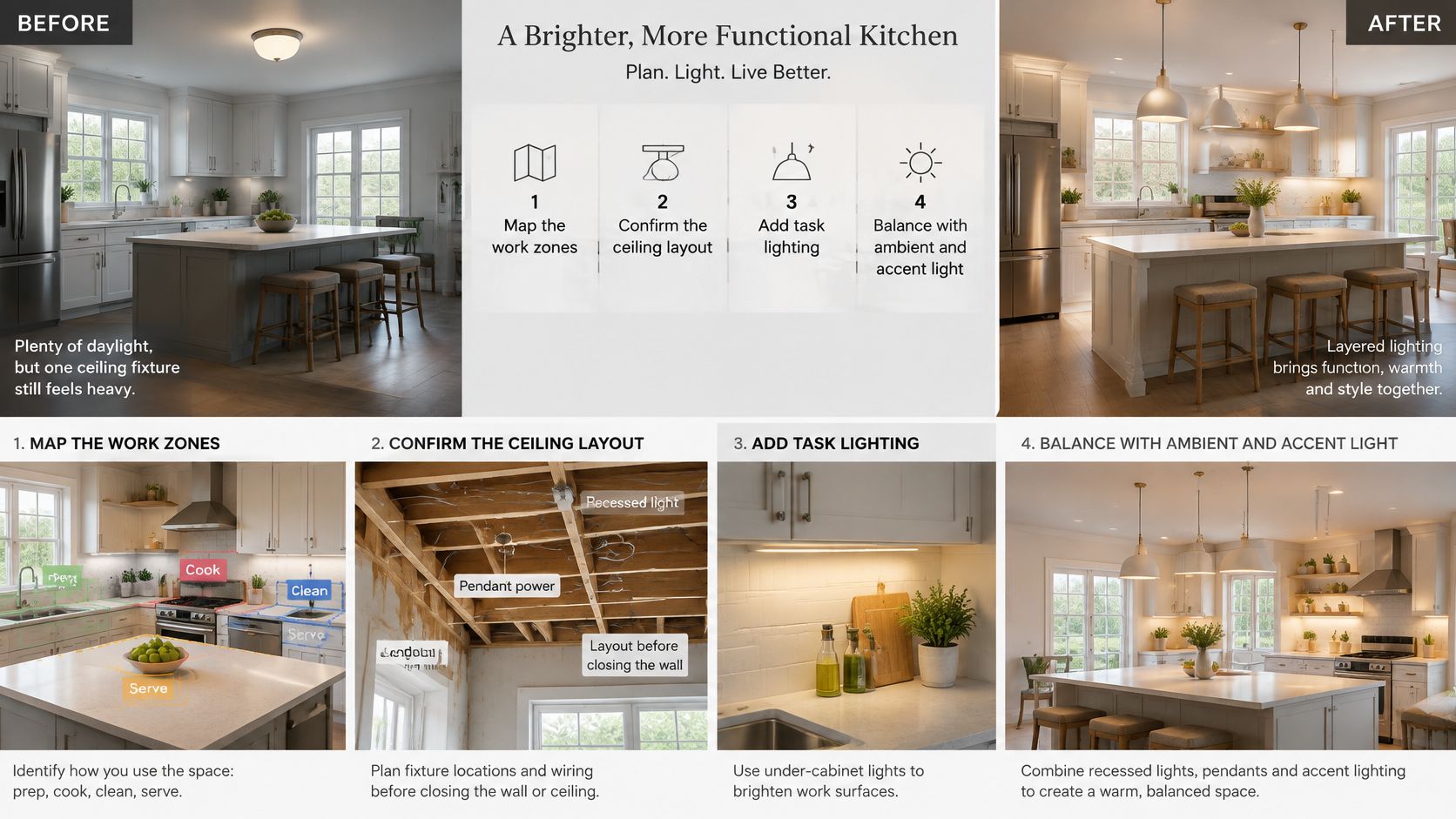 A graphic guide illustrating how to improve kitchen lighting by mapping zones and adding layered fixtures.