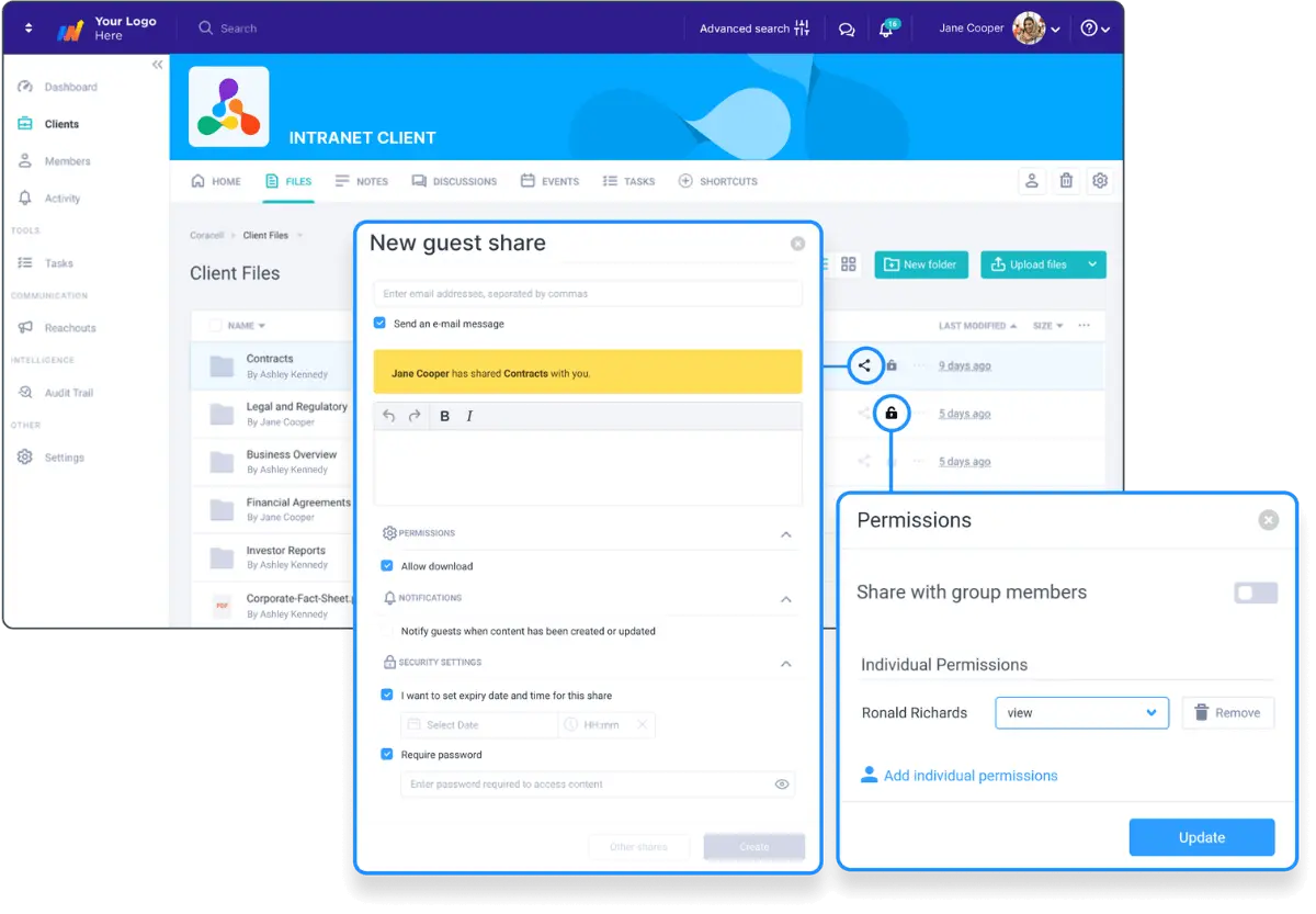A screenshot of Clinked's interface for adding new users and managing custom permissions for group sharing and individual document access.