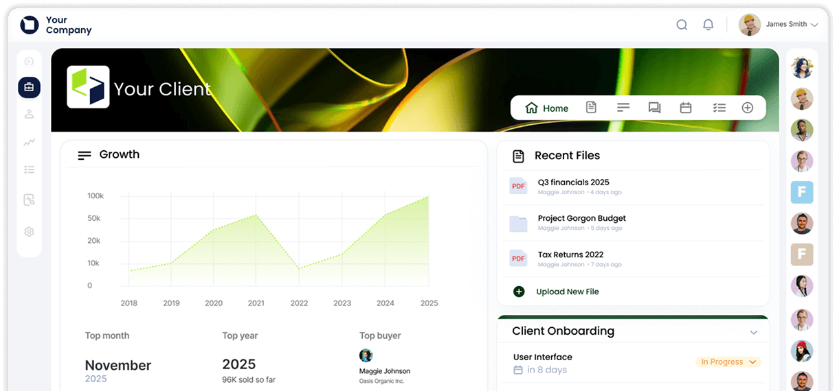 Dashboard screen showing client growth chart from 2018 to 2025, recent files list, and client onboarding status with user icons on the sidebar.
