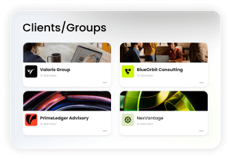User interface showing four client or group cards labeled Valoris Group, BlueOrbit Consulting, PrimeLedger Advisory, and NexVantage, each with 13 members.