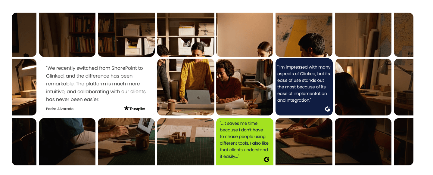 Group of four people collaborating over a laptop and documents at a wooden table in a warm, cozy office with shelves and maps, alongside testimonial text boxes overlayed on the image.