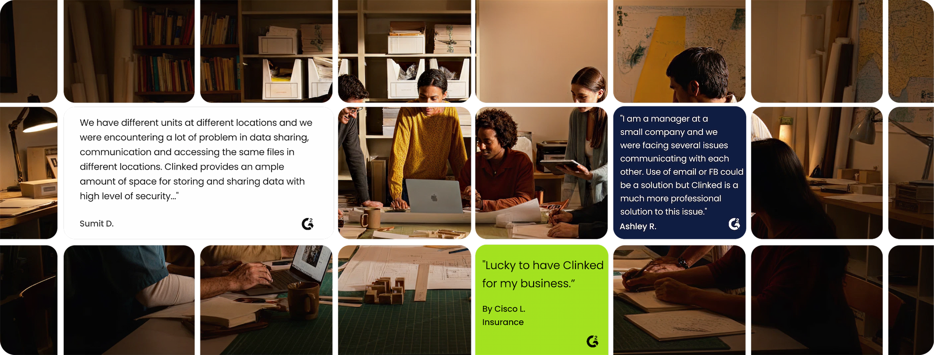 Group of four people collaborating over a laptop and documents at a wooden table in a warm, cozy office with shelves and maps, alongside testimonial text boxes overlayed on the image.