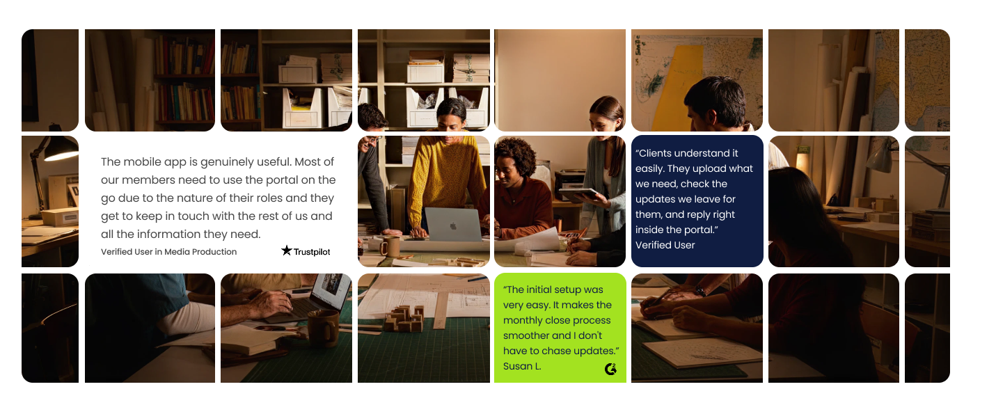 Group of four people collaborating over a laptop and documents at a wooden table in a warm, cozy office with shelves and maps, alongside testimonial text boxes overlayed on the image.