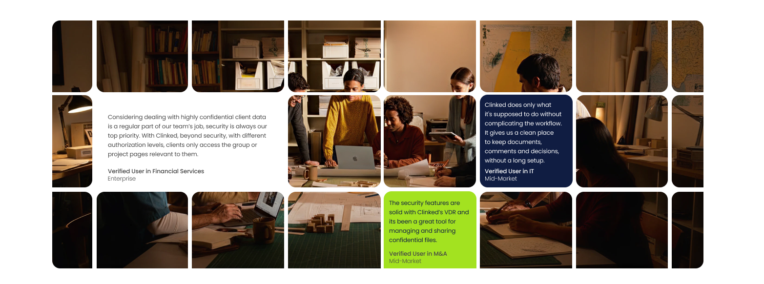 Group of four people collaborating over a laptop and documents at a wooden table in a warm, cozy office with shelves and maps, alongside testimonial text boxes overlayed on the image.