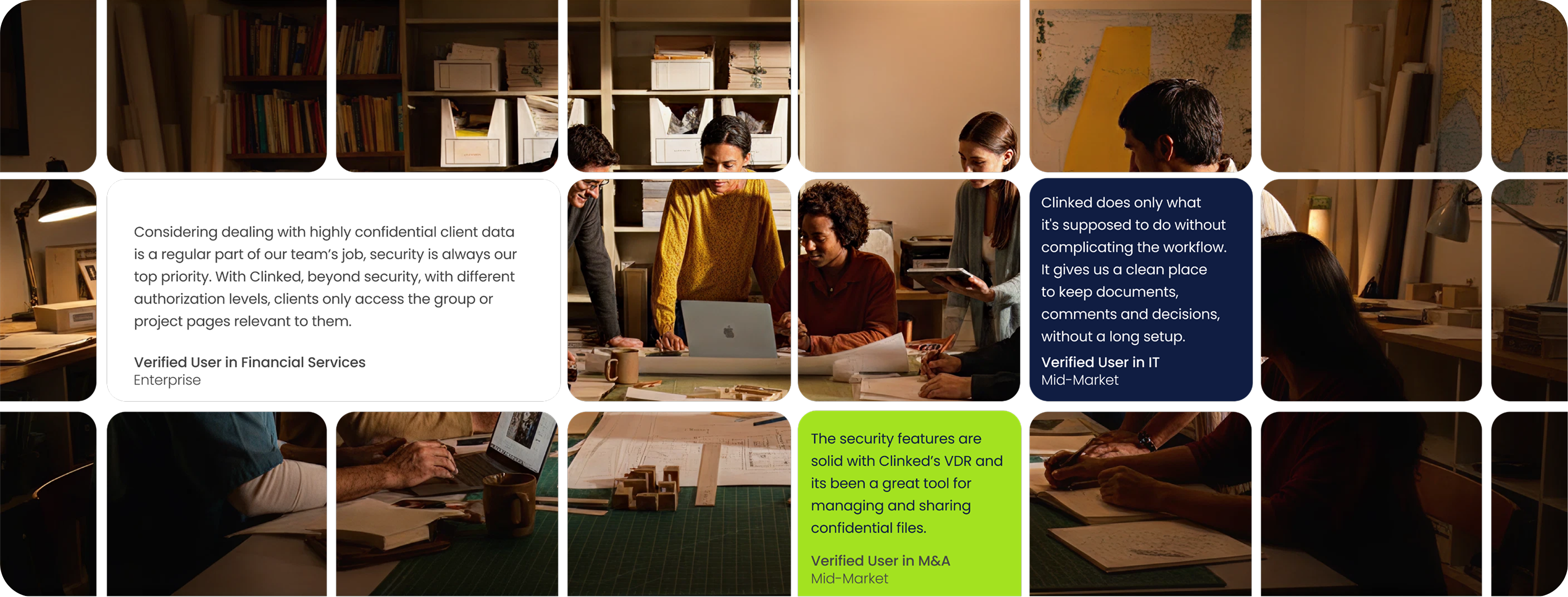 Group of four people collaborating over a laptop and documents at a wooden table in a warm, cozy office with shelves and maps, alongside testimonial text boxes overlayed on the image.