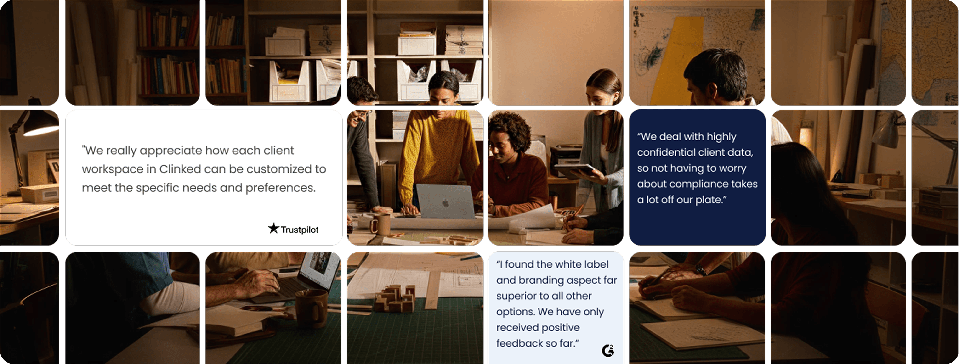 Group of four people collaborating over a laptop and documents at a wooden table in a warm, cozy office with shelves and maps, alongside testimonial text boxes overlayed on the image.