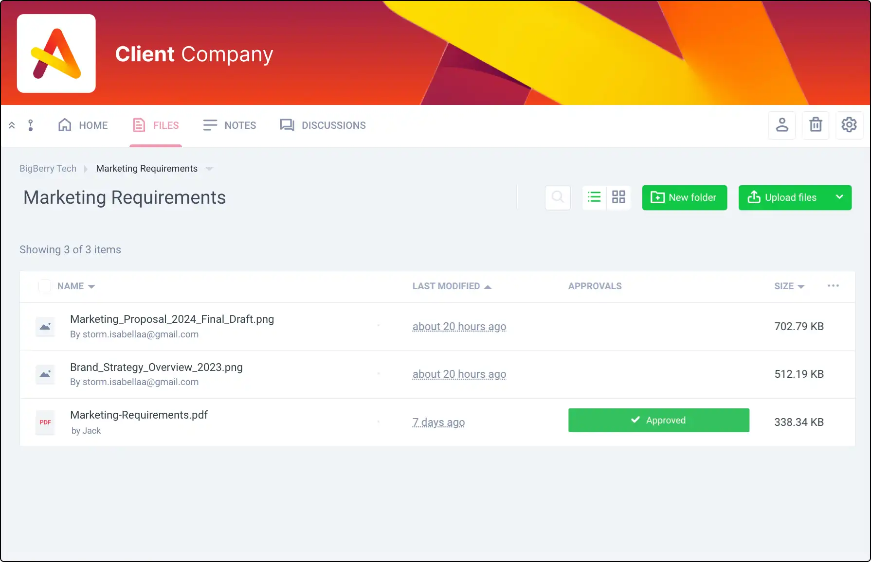 A screenshot of Clinked's document workflow feature, showcasing the file approval process with options for reviewing, approving, and commenting on documents.