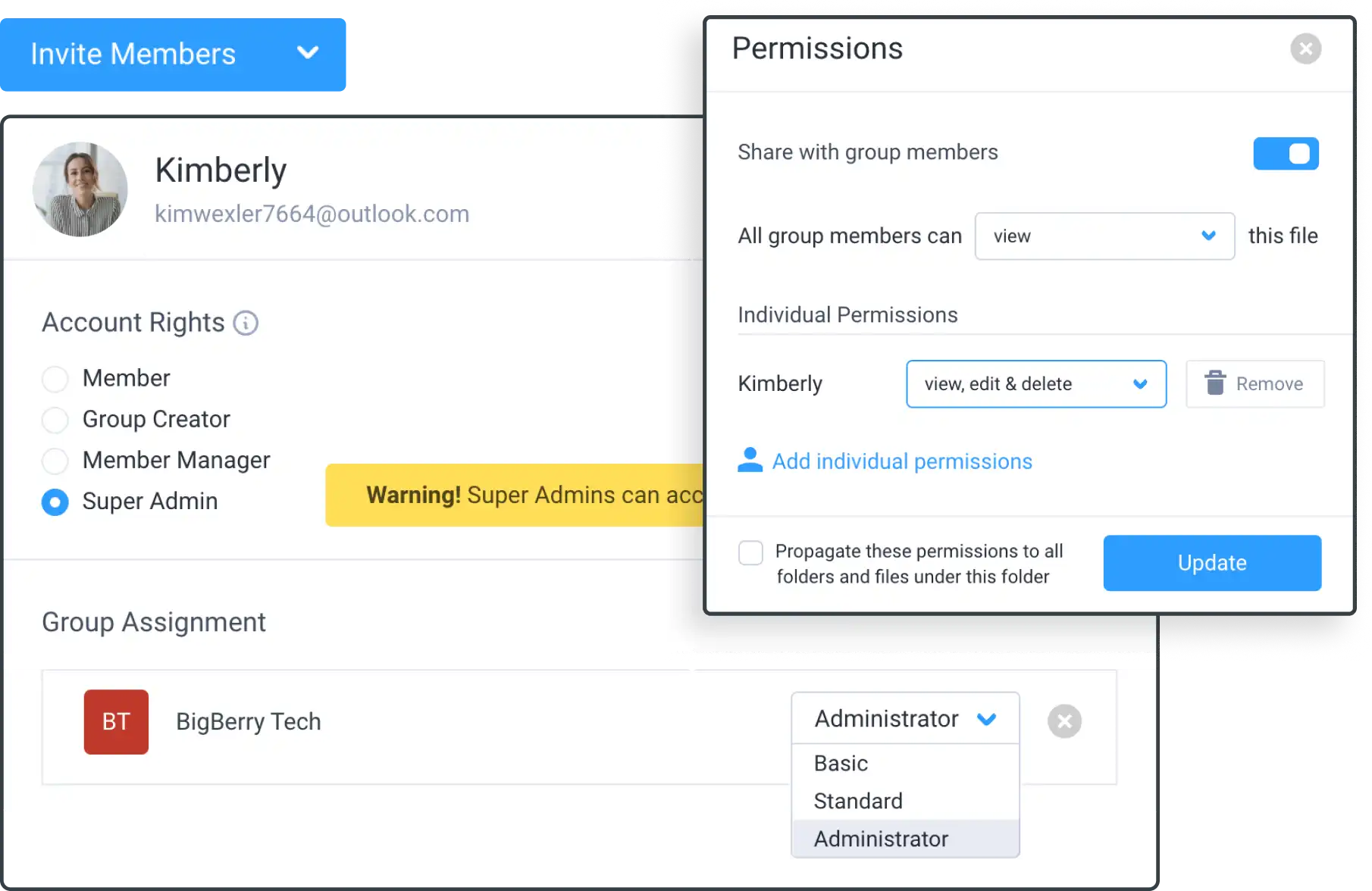 A screenshot of Clinked's member access management feature, showcasing user permissions settings, role assignments, and access control options for secure collaboration.