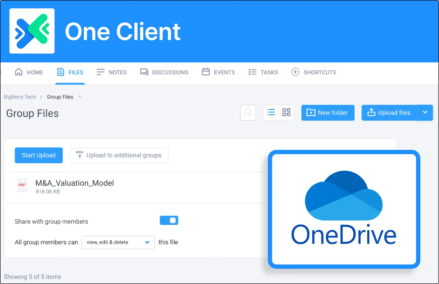 A screenshot of Clinked's integration feature, showcasing the process of connecting to Microsoft OneDrive, with options for seamless file synchronization and collaboration.