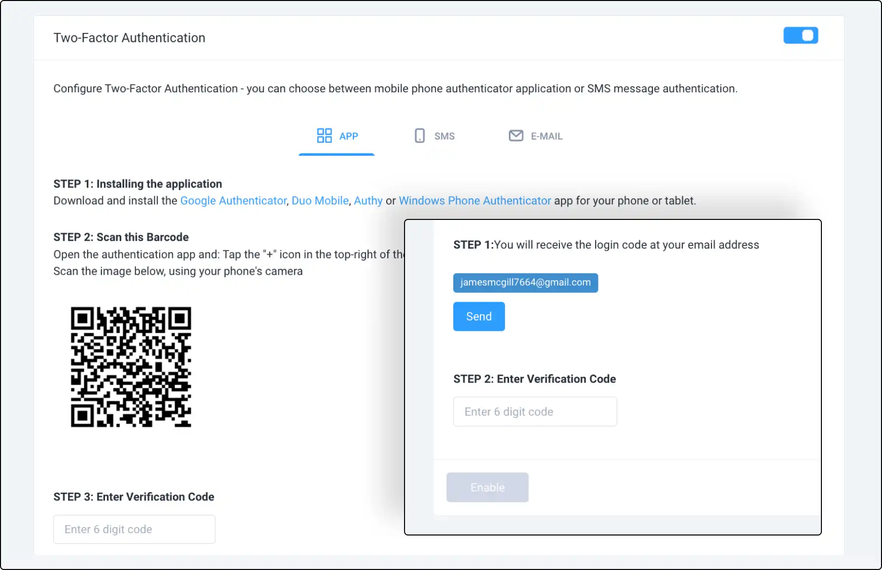 A screenshot of Clinked's security settings, showcasing the two-factor authentication feature to enhance account protection and ensure secure access.