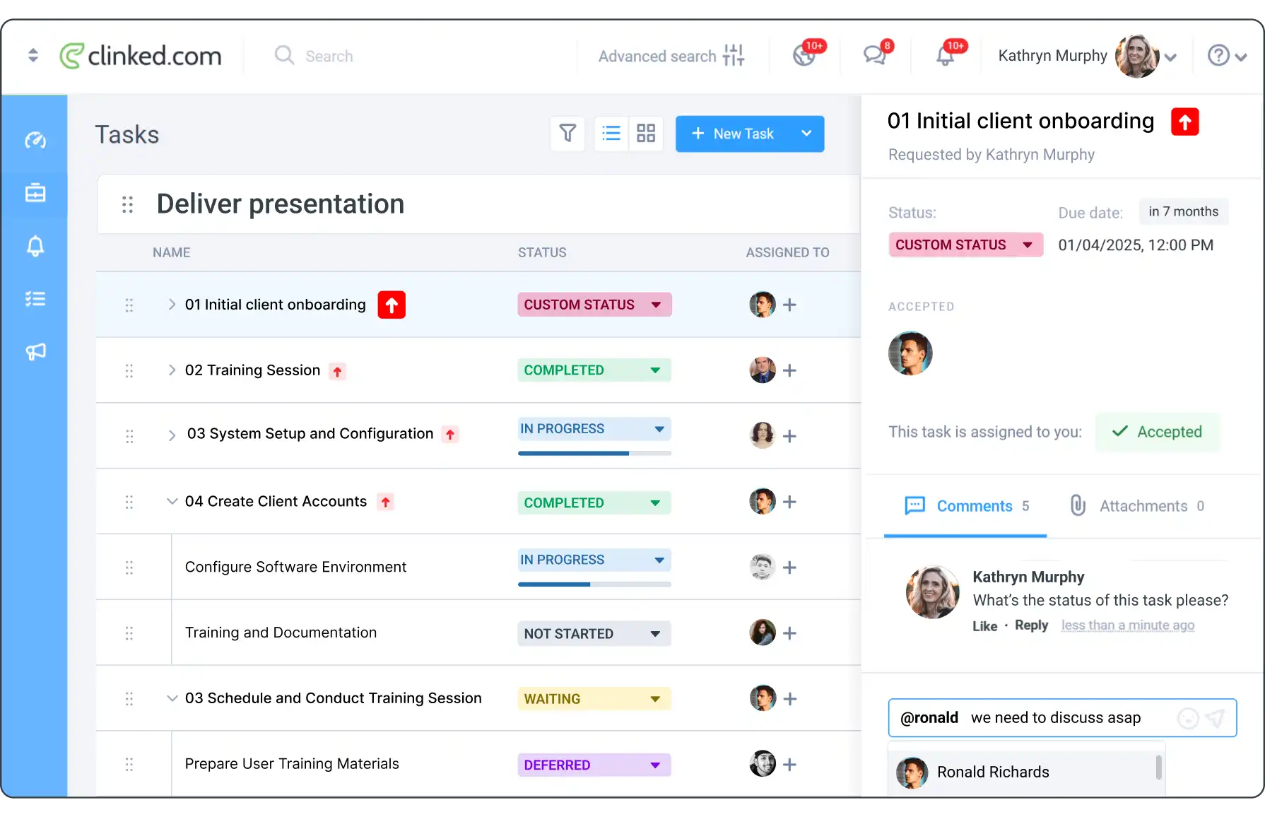 A screenshot of Clinked's task management feature, showcasing an intuitive interface for efficiently managing and tracking tasks, complete with progress indicators and deadline reminders.