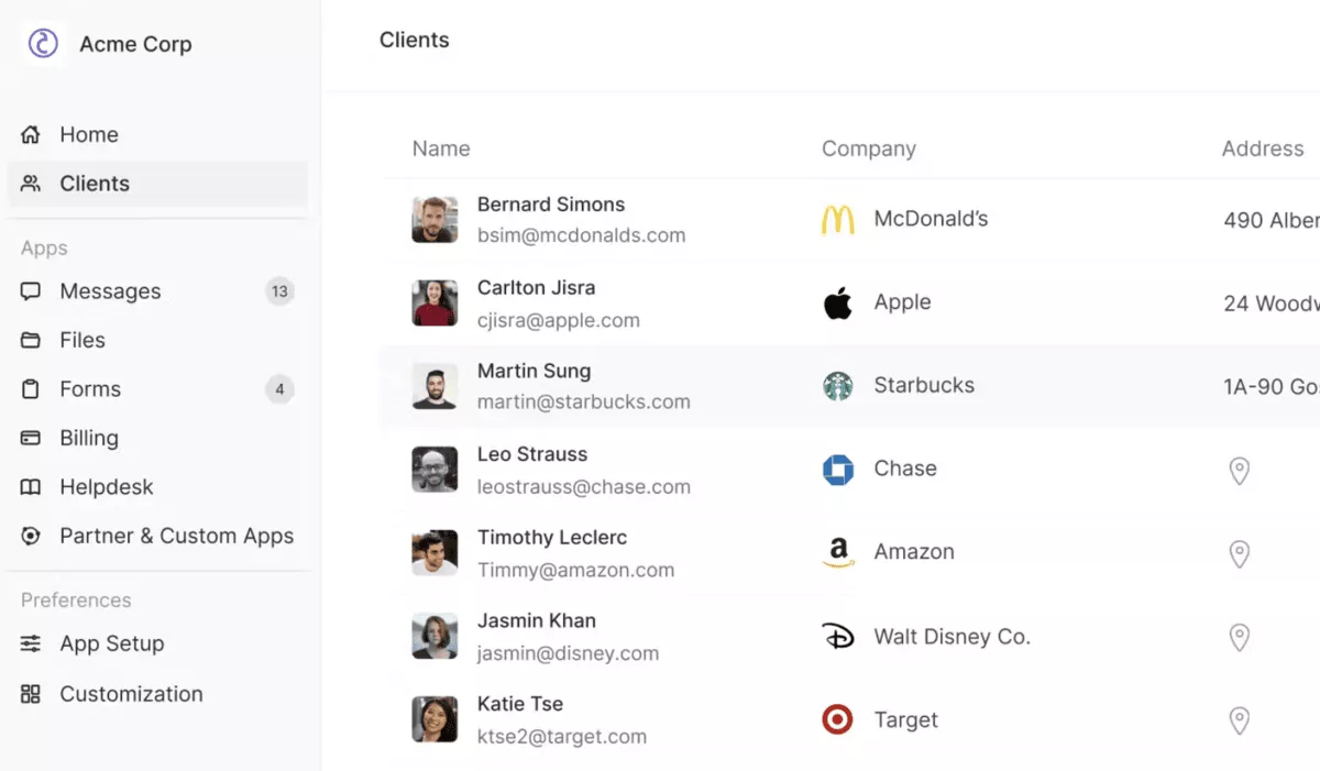 A screenshot of Copilot project management software with a client portal showing a client list for Acme Corp 