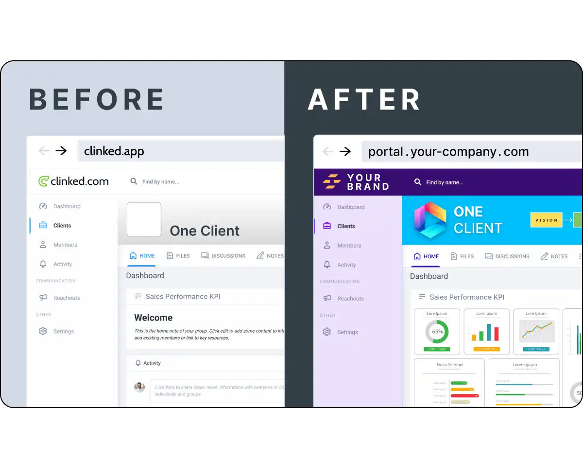 A before-and-after view of Clinked’s customization options, showing a rebranded interface with custom domain, colors, and layout