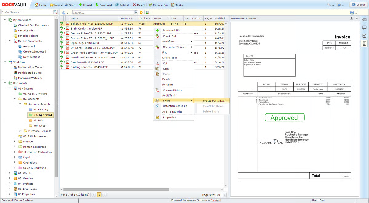 Docsvault demo workspace