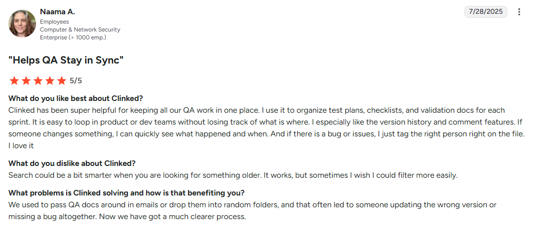 Clinked positive customer review