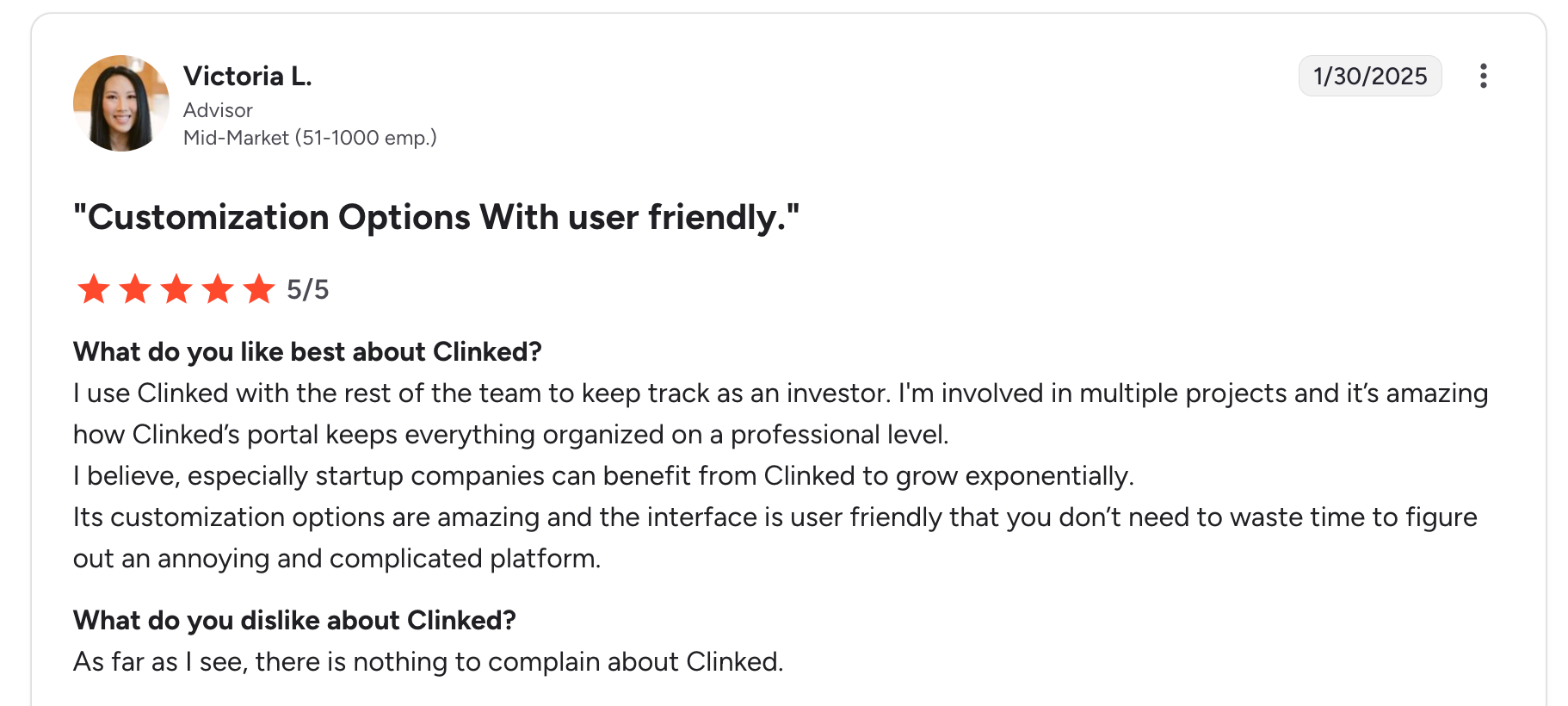 5-star Clinked review on G2