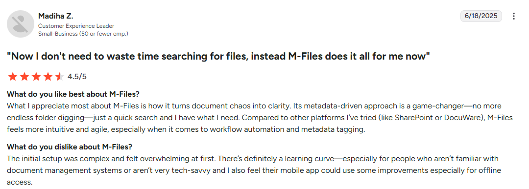 M-Files user review from G2
