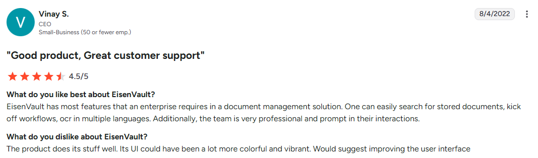 EisenVault customer opinion