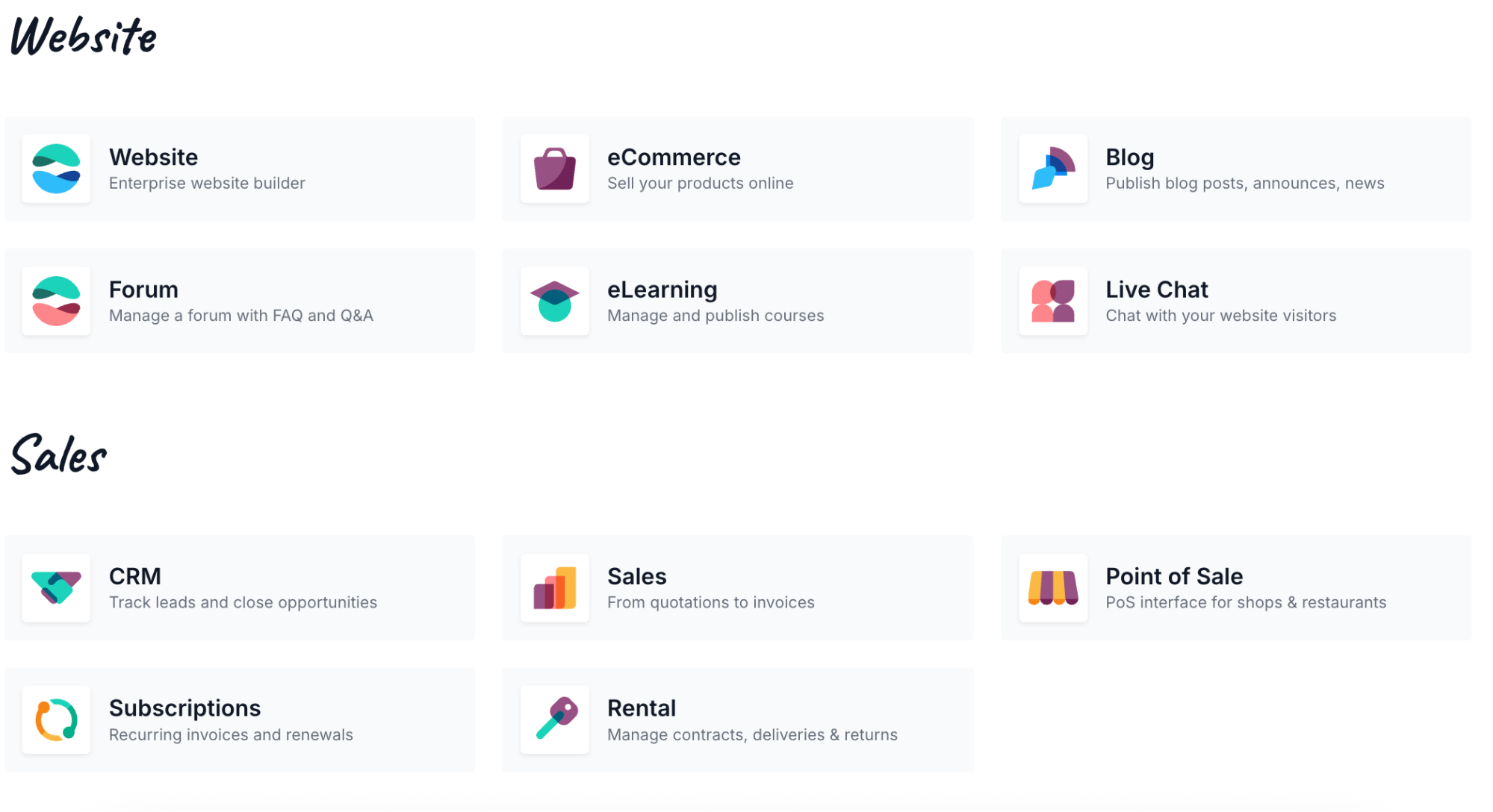 Odoo's applications for web and sales services