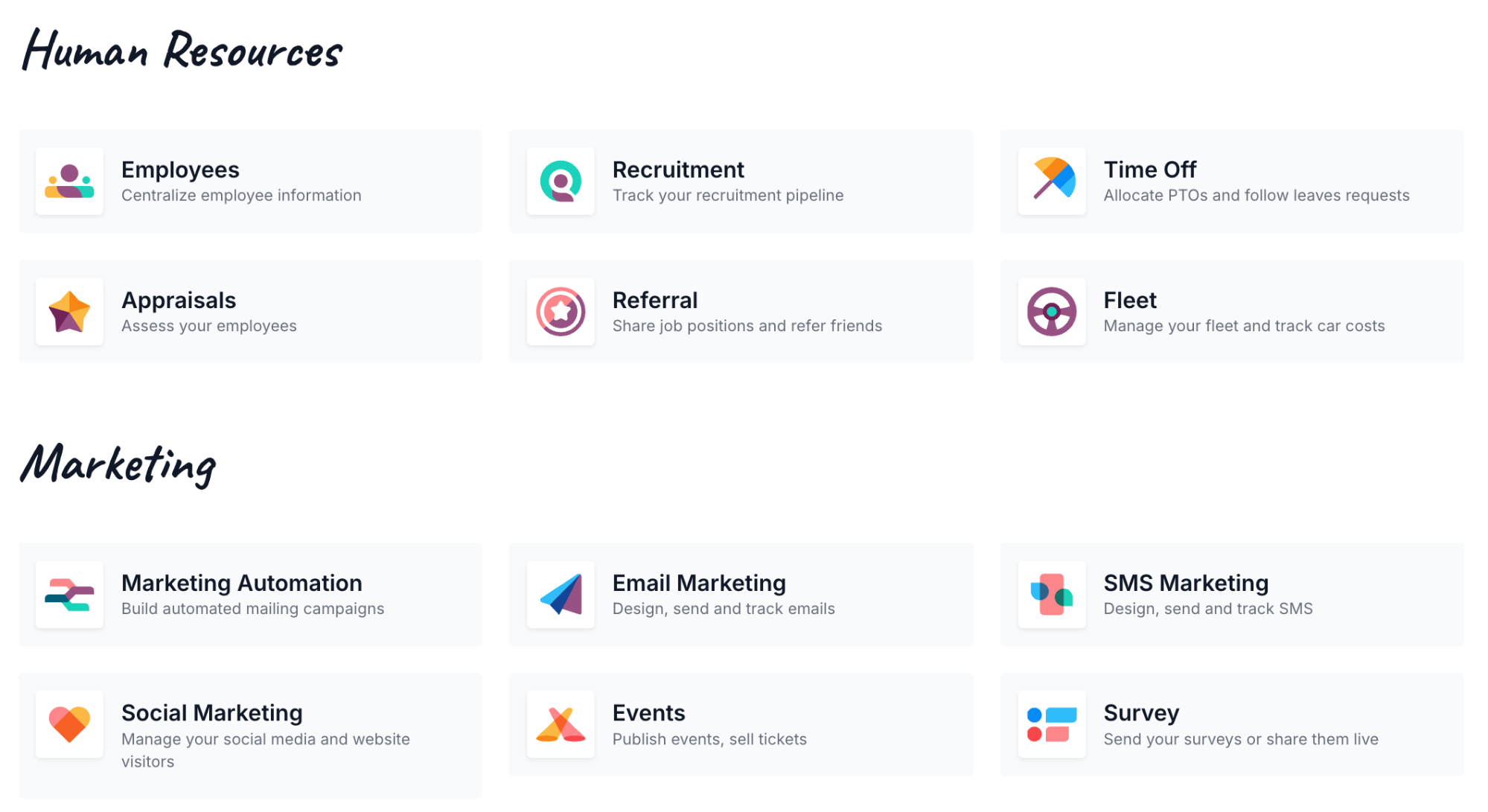 Odoo's tools for human resources and marketing services