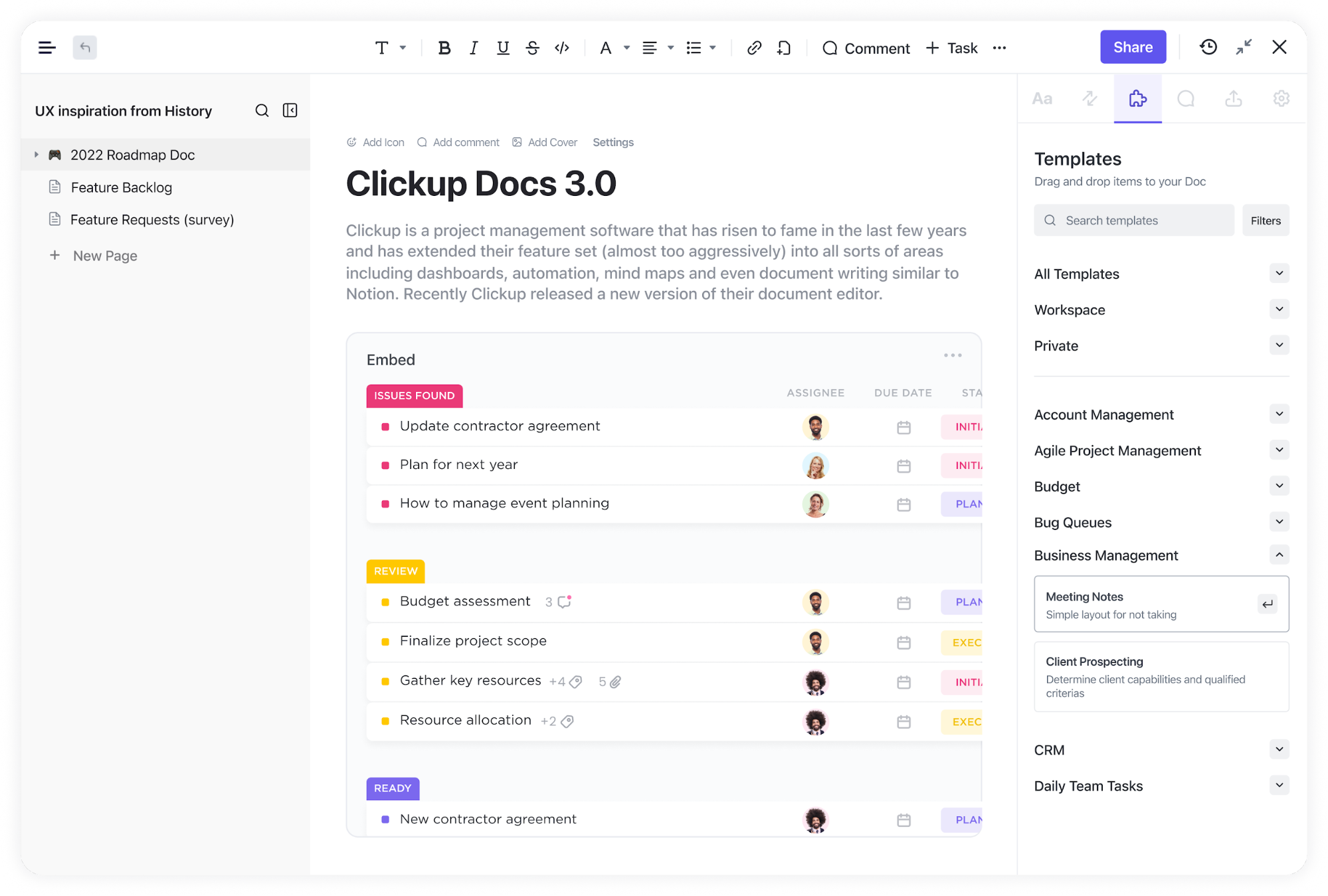 ClickUp Docs is a document management tool in the ClickUp infrastructure