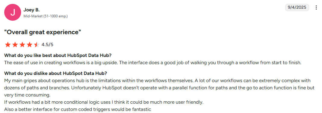 HubSpot Data Hub customer opinion
