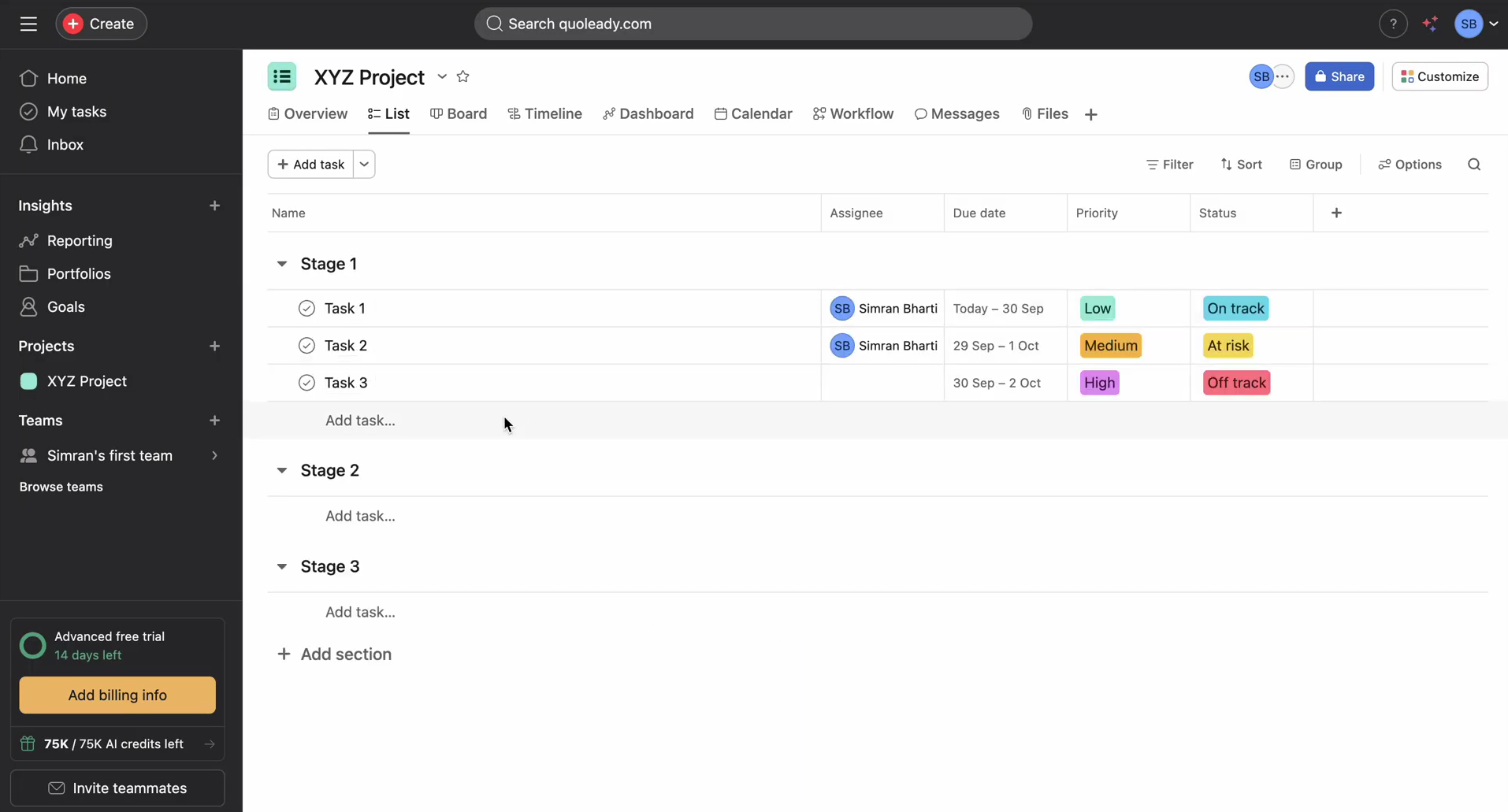 Asana tool screenshot