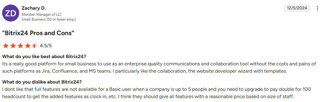 Bitrix24 user review featuring web development opinion