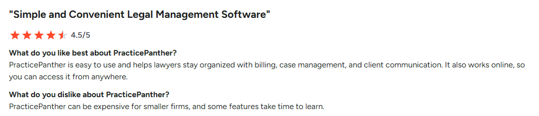 PracticePanther opinion on how the tool streamlines workflows