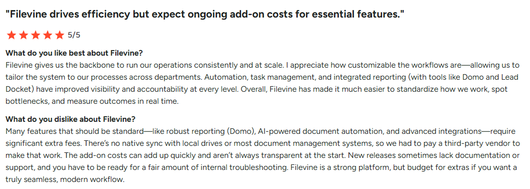 Filevine legal research - feedback from a customer
