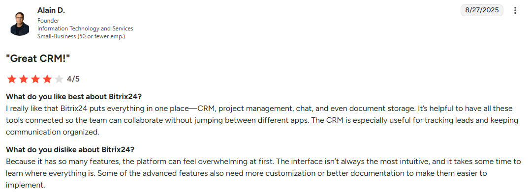 Bitrix24 customer opinion