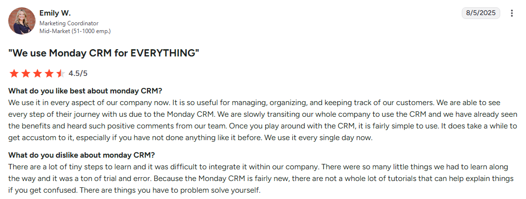 Monday CRM user opinion