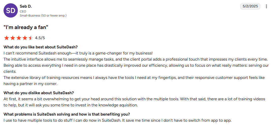 SuiteDash customer opinion