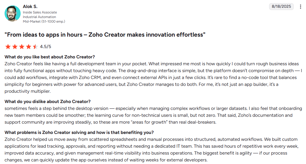 Zoho creator user opinion