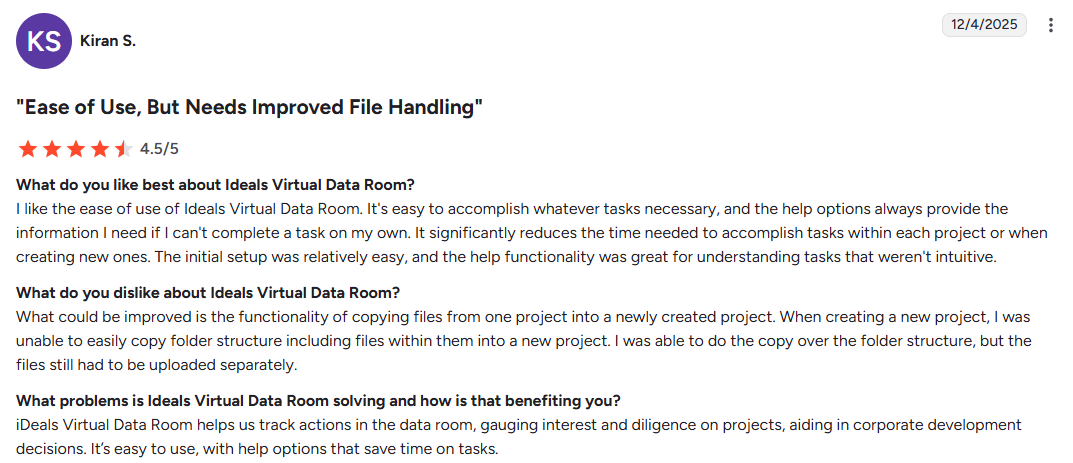 iDeals Virtual Data Room user review