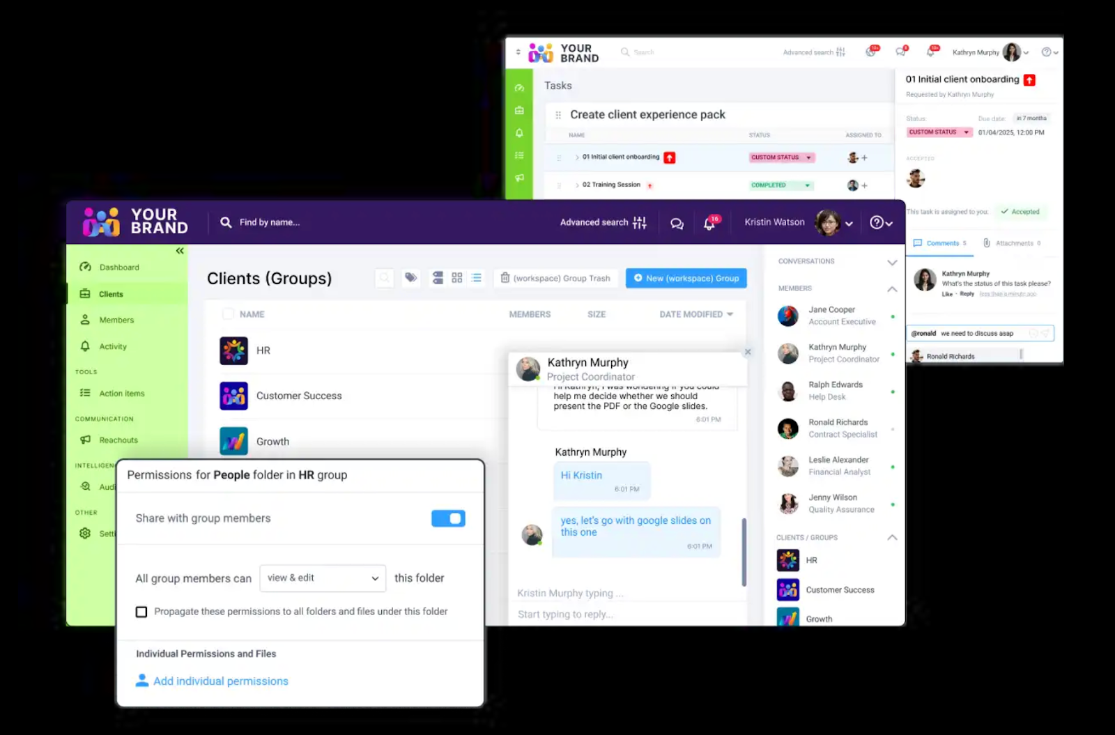 Clinked client portal interface showing workspace dashboard, file permissions, and team communication.