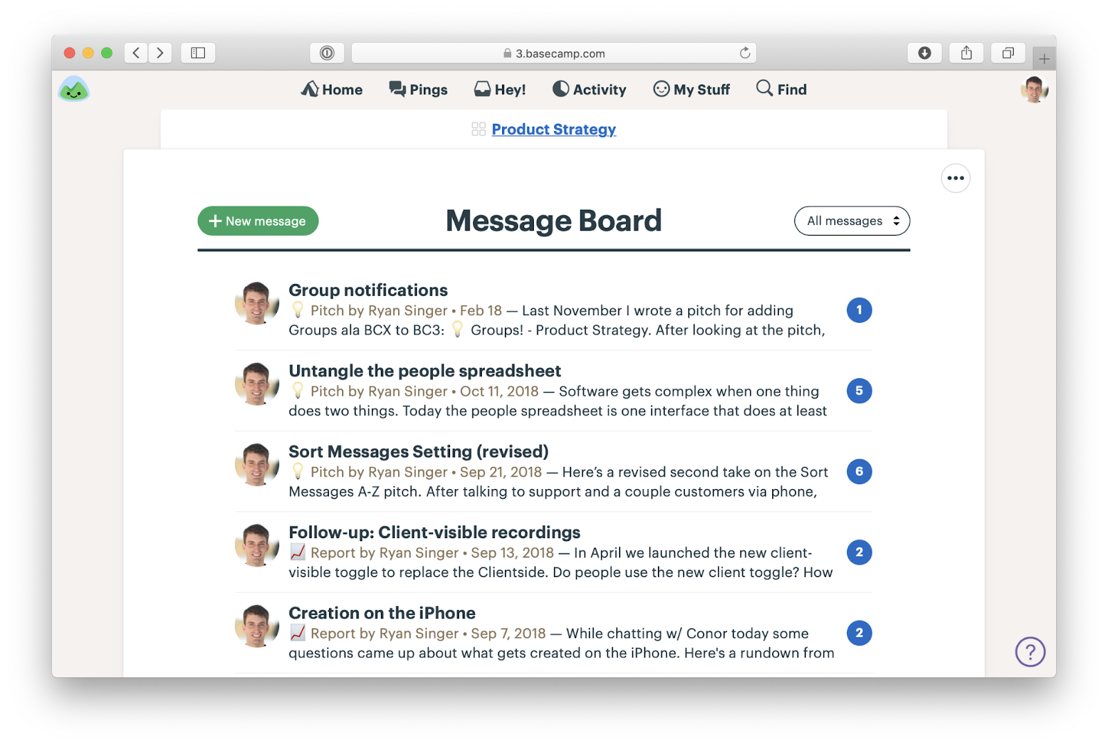Basecamp client collaboration interface showing message boards, team discussions, and project communication