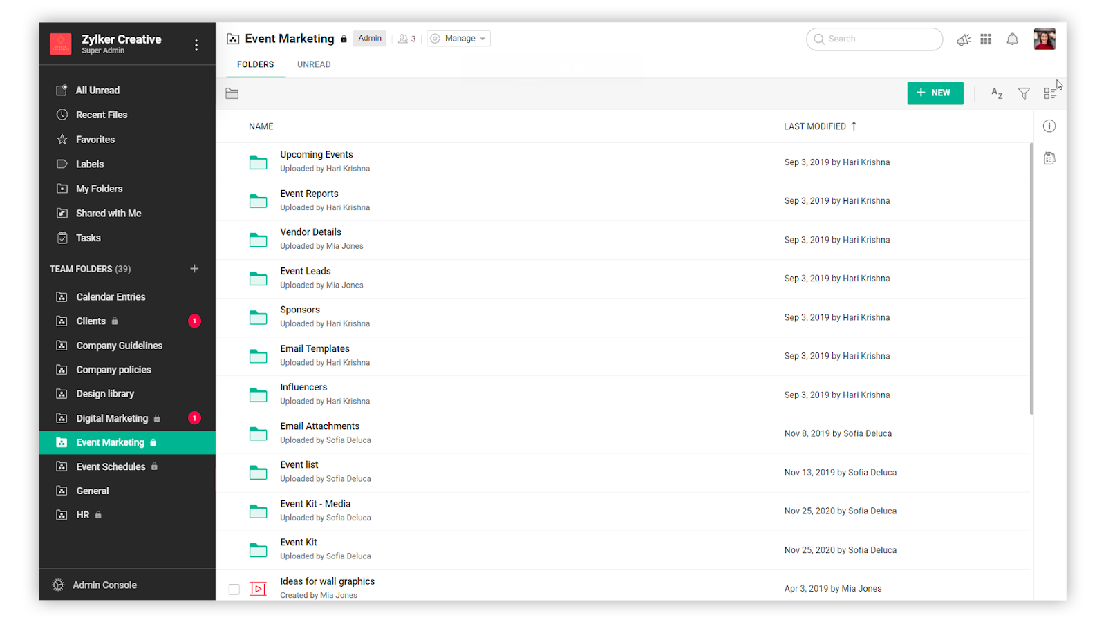 Zoho WorkDrive document management interface showing folders, file organization, and shared team workspace