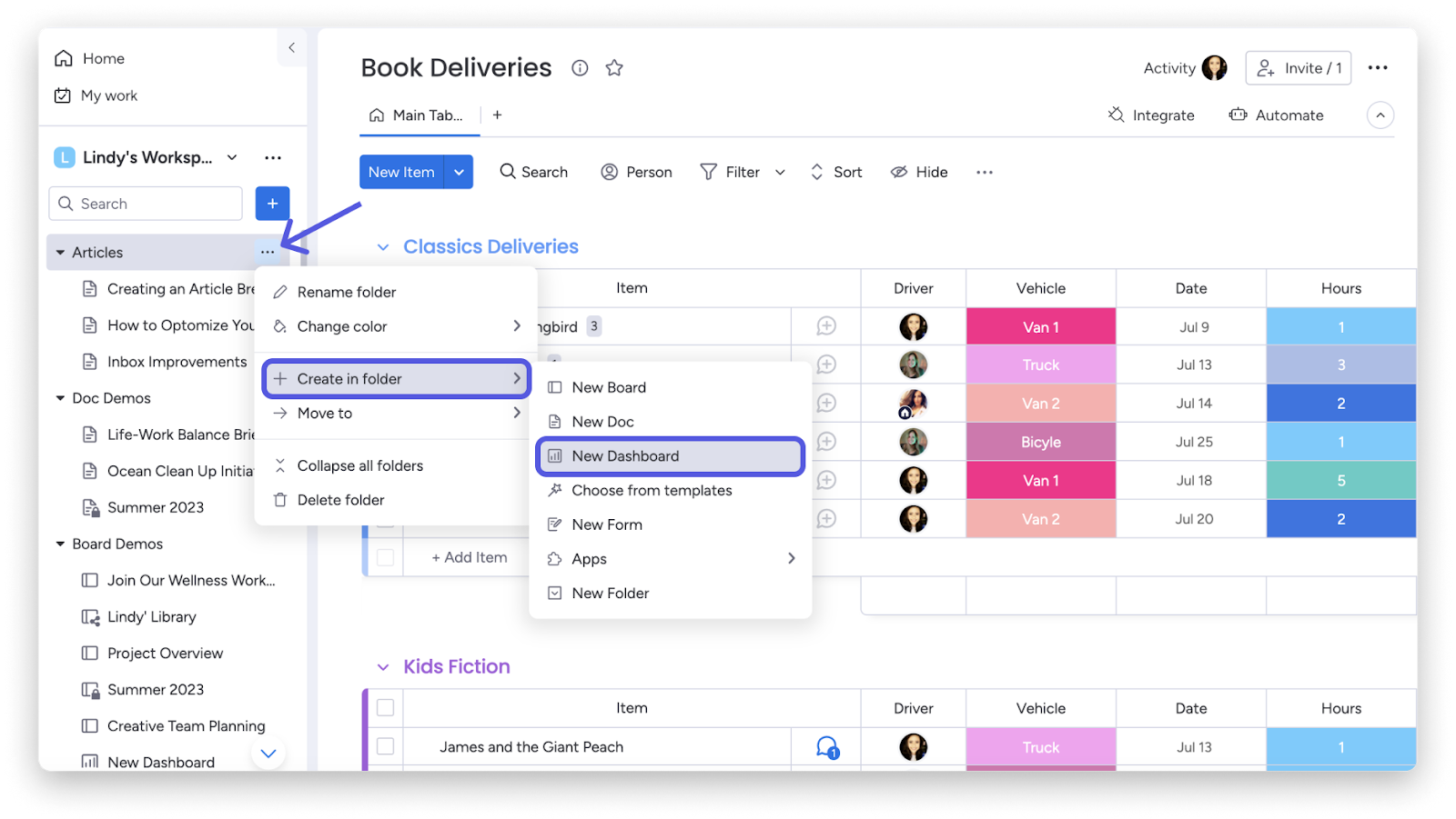 ClickUp workspace interface showing task management, dashboards, and project organization